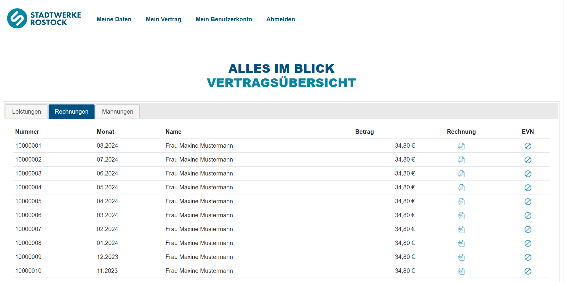 Screenshot des Kundenportals der Stadtwerke Rostock AG
